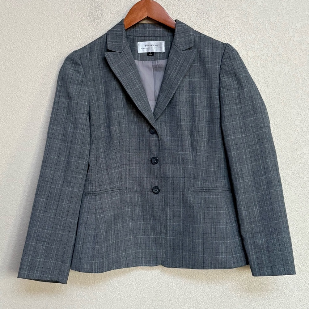 Tahari Arthur S. Levine Gray Plaid‎ 3-Button Blazer Jacket Women’s 6 Career
